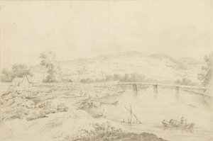 Paisagem junto ao rio, com pontes e barcos de Unbekannter Künstler