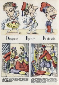 Letras D, E e F: dançarino, merceeiro e infantaria. Alfabeto do Conto do Leste. Imaging of Epinal, cerca de 1890. Série popular. Pequeno livreto de 8 páginas. Dim: 205x150mm. Gravuras em madeira estampada sobre o tema dos métiers. de Unbekannt