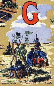 Carta G como a grande guarda do exército. O alfabeto ilustra. Imagens reunidas em Jarville-Nancy, início do século XX. Dim: 40 x 29 cm. Litografia sobre um fundo de bistre de Unbekannt