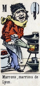 Carta M: "Brown, Brown de Lyon". Alfabeto "Diversão infantil". Imaging of Epinal, cerca de 1890. Série popular. Pequeno livreto de 8 páginas . Gravuras em madeira estampada sobre o tema dos pequenos metiers de rua e os gritos de Paris. de Unbekannt
