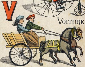 Carta V de carro. Gravação em "Brinquedos ABC". Imagem epinal em cromolitografia, cerca de 1890. Pequeno livreto de 8 páginas. Dim: 195x135mm, destinado a receber um anúncio na 4ª capa. Usa em casa, oferece um ilustre abecedário e uma pequena leitura me de Unbekannt
