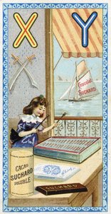 Letra X: xilofonista e Y: yatagan, iate. Gravura do Alfabeto editada por Chocolat Suchard, início do século XX. 24 cromolitógrafos representando lugares, personagens e objetos a serem descobertos na imagem. Dim: 105x55mm de Unbekannt