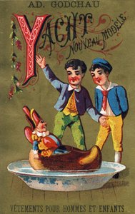 Carta Y: Novo modelo de iate. Gravação em "Alfabeto dos grotescos". Série de 25 cromolitógrafos publicitários sobre um fundo de dorso, finais do século XIX. Dimensão: 11x 7 cm de Unbekannt