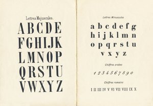 Letras maiúsculas, letras pequenas, algarismos árabes e romanos - Gravura extraída de ABCD des petites filles. Pellerin & Cie, gráfica editora, Epinal, por volta de 1890. Serie A. Dimensões : 19 x 13,5 cm. de Unbekannt