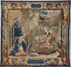 A vida da Virgem: "A Anunciação"... Vemos Deus e a pomba do Espírito Santo (Espírito Santo) acima da cena - Tapeçaria de lã e seda feita na oficina de Pierre Damour a partir dos desenhos de Charles Poerson (1609-1667) de Unbekannt