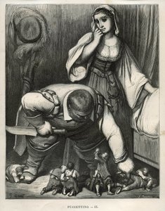Little Pouket e seus irmãos imploraram ao ogro que não os matasse Gravação de Gustave Dore (1832-1883) de "Les Tales" de Charles Perrault (1628-1703) de Unbekannt