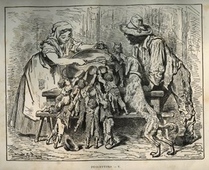 O pequeno Poulet e os seus irmãos esfomeados. Gravura de Gustave Dore (1832-1883) de "Les contest" de Charles Perrault (1628-1703) de Unbekannt