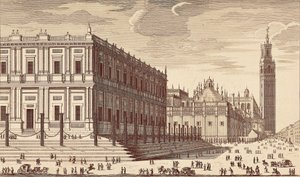 Lonja de Comercio ("Edifício do Comércio") e vista parcial da Catedral de Sevilha. Gravura. ESPANHA. MADRID (COMUNIDADE AUTÓNOMA). Madrid. Biblioteca Nacional de Unbekannter Künstler