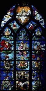 Madonna e Child com anjos e retratos refletindo o patrocínio de um patrono episcopal local, século XIII (vitral) de Unbekannt
