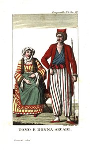 Homem e mulher da Arcádia, no Peloponeso, Grécia. Ilustração de Viagens de François Pouqueville por More, Albânia e várias outras partes do Império Otomano de Unbekannter Künstler