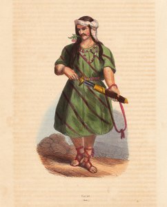 Homem da tribo Karen (Karene ou Karyang) (Birmânia, Myanmar) - Homem da tribo Karen (Karian) do sul da Birmânia - Xilogravura colorida da obra "Mores, Uses et Costumes de tous les Peoples du Monde, Asia", de Auguste Wahlen, pseudónimo de Jean Francois Nico de Unbekannter Künstler