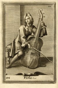 Homem a tocar violoncelo (ou "Viola"). No "Gabinetto Armonico" de Filippo Bonanni, Roma de Unbekannter Künstler