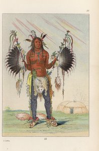 O curandeiro mandan Mah-to-he-hah, o Velho Urso, pintado com várias cores, gordura de urso e carvão, segurando cachimbos medicinais com penas e usando caudas de raposa nos calcanhares. Litografia colorida à mão da obra de George Catlin Manners, Customs and de Unbekannter Künstler