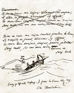 Manuscrito de Charles Baudelaire, ilustrado com um desenho de um barco de Unbekannter Künstler