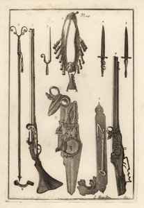 Mosquete Matchlock, cadeado e baioneta da Torre de Londres 1-3, baioneta 4, descanso de mosquete e baioneta 5, descanso de mosquete 6, bandiletes e frasco de pó 7, cadeado de roda 8,9 e chave de porcas 10 de Unbekannt