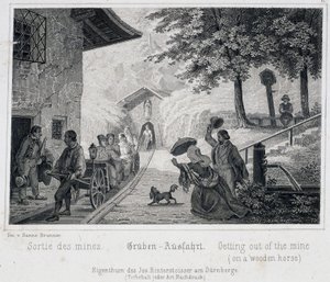 Mina de sal: a saída de turistas da mina em um veículo de madeira puxado sobre trilhos, em Durrnburg, Áustria, por volta de 1850 de Unbekannt