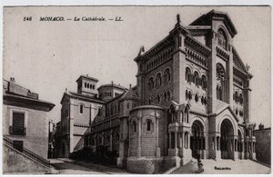 Mônaco: vista exterior da Catedral Notre-Dame Immaculee (Notre-Dame-Immaculee) - Cartão postal no final do século XIX-20 de William M. Timlin