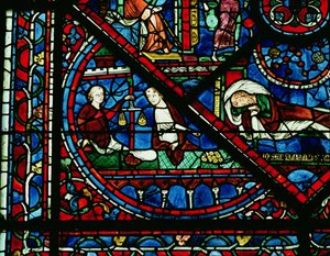 Trocadores de dinheiro no Templo, detalhe a partir de uma janela de Unbekannt