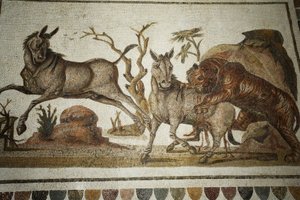 Mosaico de lutas de animais: ataque de tigre a dois primatas nocturnos. II