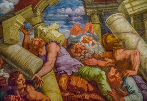 O mais famoso fresco do Maneirismo: A ilusão de Giulio Romano inventa uma cúpula e dissolve a arquitectura da sala na queda dos gigantes, Salão dos Gigantes de Unbekannter Künstler