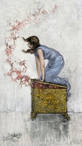 Mitos e lendas: Pandora, demasiado curiosa, abre a caixa apesar da proibição e liberta menos demónios da caixa que contém todos os males da humanidade. Gravura a cores do século XIX. de Unbekannter Künstler
