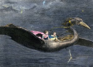 Mitos e lendas: O Rokh ou Roc (ave gigante da mitologia árabe-persa. Encontra-se em passagens das Mil e Uma Noites). Gravura a cores do século XIX. de Unbekannter Künstler