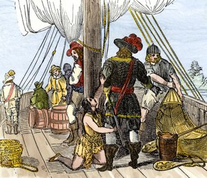 População nativa da América: Índios. Pocahontas capturada a bordo de um navio de Jamestown. Gravura a cores do século XIX. de Unbekannter Künstler