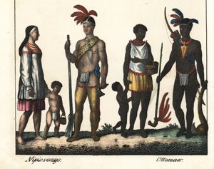 Nativos do Canadá: uma família de índios do lago Nipissing e uma família de índios da região de Ottawa. Litografia para o livro: "Galerie complete en tableaux fideles des peuples d