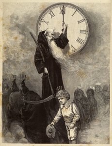 Alegoria de Ano Novo 1889 representando uma velha abóbada, que simboliza o ano velho, dando lugar a um rapazinho sorridente que simboliza o Ano Novo. O tempo observa a cena rodando os ponteiros de um relógio. Gravura do século XIX de Unbekannter Künstler