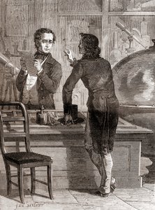 Nicéphore Niépce, embora ainda desconhecido e pobre, na loja de óptica e instrumentos de Charles Chevalier, de Les Merveilles de la Science, publicada c.1870 (gravura) de Unbekannt