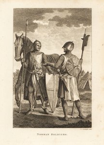 Soldados normandos em malha e armadura de placa com escudo, lança, alabarda, em frente às tendas de campanha militar de Unbekannt