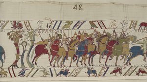 Soldados normandos saindo de Hastings para fazer batalha com Harold, Bayeux Tapestry (bordado de lã em linho) de Unbekannt