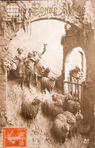 Cartão Postal Antigo/ Ano Feliz/Greetings/Bergere/Sheep de William M. Timlin