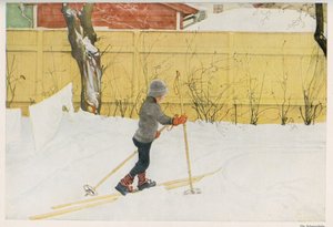 Um dos filhos do ilustrador sueco Carl Larsson (1853-1919) a aprender a andar de esqui. Desenho de "Das haus in der sonne" 1921 de Unbekannt
