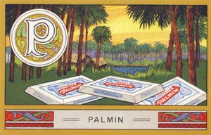P: Palmin - Alfabeto Palmin. Série de cromolitógrafos publicada por H. Schlinck & Cie, Hamburg, n.d. . Anúncio para Palmin feinstes Cocosfett. Tamanho : 7 x 11 cm de William M. Timlin
