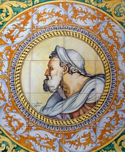 Painel maiolica pintado retratando a cabeça do velho em estilo Michelangelo, feito pela Ceramiche Desuir, Santo Stefano di Camastra, Sicília, Itália, Detalhe de William M. Timlin