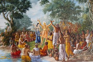 Pintura na Mansão Bhaktivedanta retratando o Senhor Caitanya, Senhor Nityananda e seus seguidores nas margens do rio Ganges. de Unbekannt