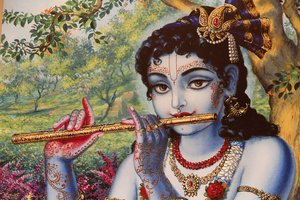 Pintando representando o deus hindu Krishna tocando uma flauta ao ar livre. Índia de Unbekannt