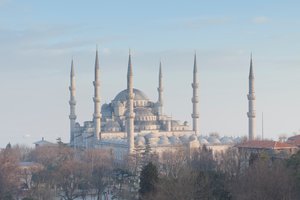 Vista panorâmica da mesquita azul pouco antes do pôr-do-sol, Istambul, Turquia (foto) de Unbekannter Künstler
