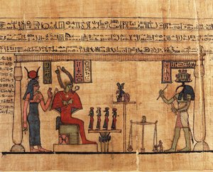 Papiro do Primeiro Livro de Respiração de Ousirour, Thoth pesando alma de Ousirour antes de Isis e Osiris