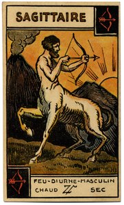 Paranormal. Astrologia. Sagitário (o Arqueiro). Carta astrológica de: Le Tarot Astrologique (Tarô astrológico), de Georges Muchery, França de Unbekannter Künstler