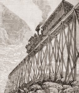Parte de uma ferrovia de quatro quilômetros de extensão em New Hampshire, Estados Unidos, construída para viagens recreativas e para os passageiros desfrutarem de vistas panorâmicas, c.1880, de 