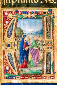Biblioteca Piccolomini: livro coral, código. 14.P., ff. 2r com "a Visitação de Maria e Santa Isabel, de Giovanni di Giuliano Boccardi, conhecido como Boccardino, o Ancião". Detalhe. de Unbekannter Künstler