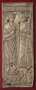 Placa representando o Basilisco, Imperador do Oriente (d.478) com uma carruagem abaixo, romana, 480 d.C. (marfim) de Unbekannt