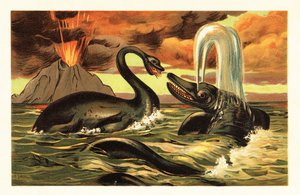 Plesiossauro e Ictiossauro lutando em frente a uma erupção de 1908 (litografia) de Unbekannter Künstler