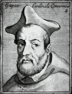 Retrato de Gasparo Contarini (1483-1542), cardeal e bispo italiano, gravura de Illustrissimorum, omnique virtutis, et scientiarum laude praestantissimoru virorum icones, de Claudius Pernetus de William M. Timlin