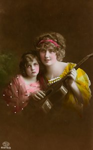 Postal com a imagem de duas mulheres com uma guitarra, "Album para Tarjetas postales" de Unbekannter Künstler