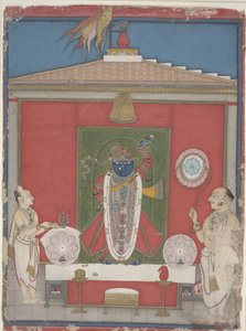 Adoração sacerdotal de uma imagem de Shri Nathaji, meados do século XIX (aguarela opaca sobre papel) de Unbekannter Künstler
