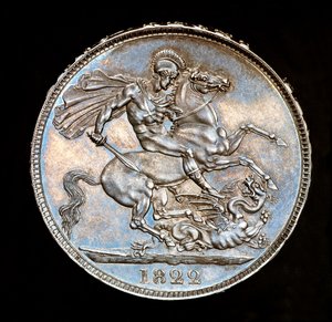 Moeda britânica rara, Rei Jorge IV, coroa de prata de prova, santo padroeiro de Inglaterra a cavalo com espada prestes a matar o dragão, cunhada por Bernedetto Pistrucci de Unbekannter Künstler