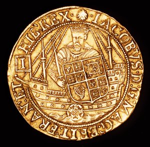 Moeda rara, Inglaterra, espora de ouro Ryal, Rei Jaime I num navio com escudo de Unbekannter Künstler